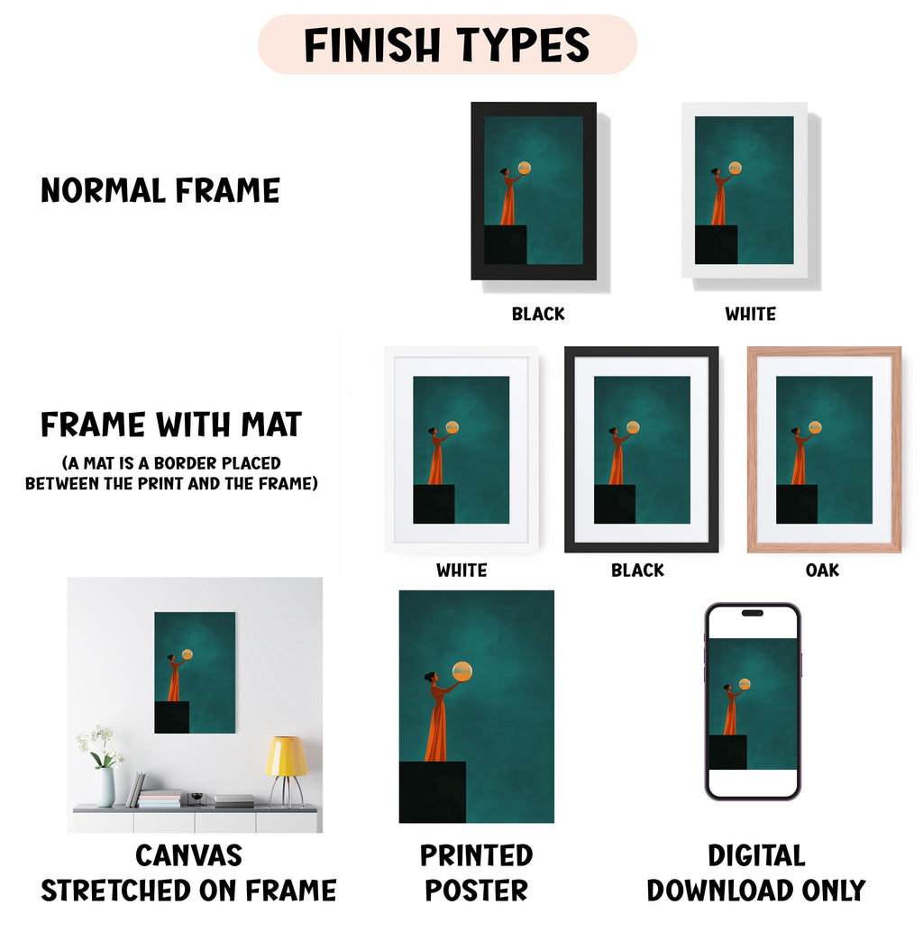various framed artworks, including a canvas stretched on a frame, a framed poster, and a digital download of a poster. The artworks are presented in different frame types, such as normal frame, black frame, white frame, black frame, and oak frame. The artworks are displayed in different color schemes, including black, white, and green. The image also includes a description of the artworks, such as "Canvas stretched on Frame" and "Printed Poster".