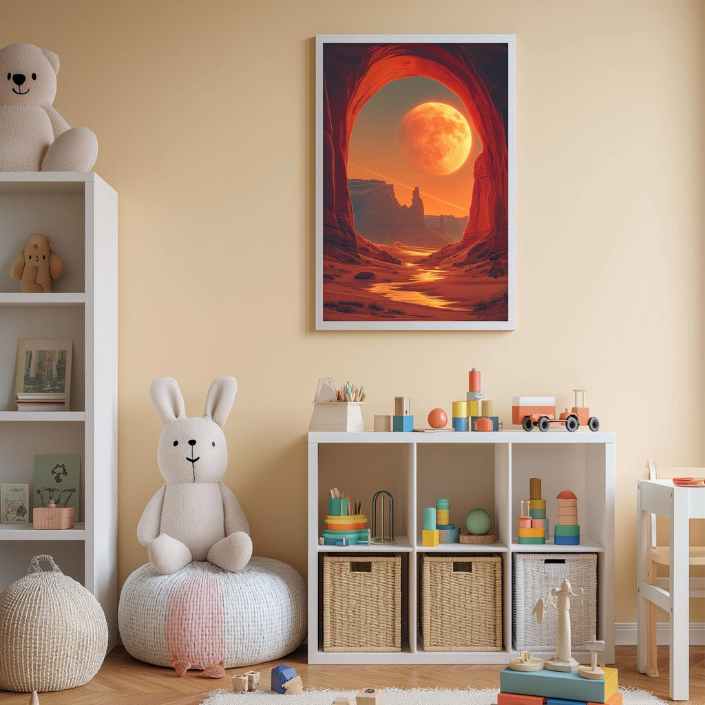A cozy children's room with a large stuffed rabbit, a bookshelf, and a colorful toy set. The room has a warm, inviting atmosphere with a large framed picture of a desert landscape featuring a full moon.