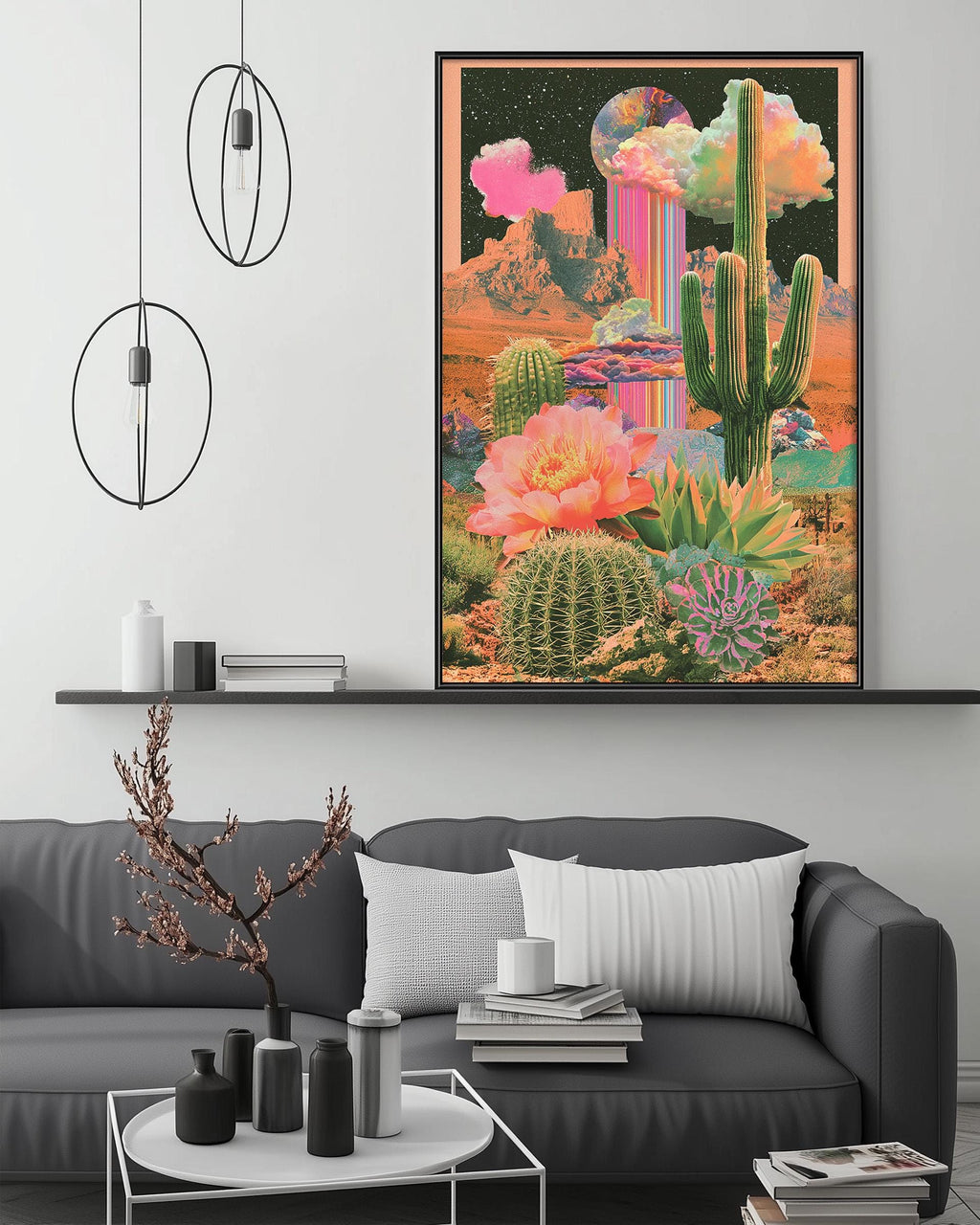 a modern living room with a gray sofa, a coffee table, and a large framed collage of colorful desert plants and flowers on the wall above the sofa.