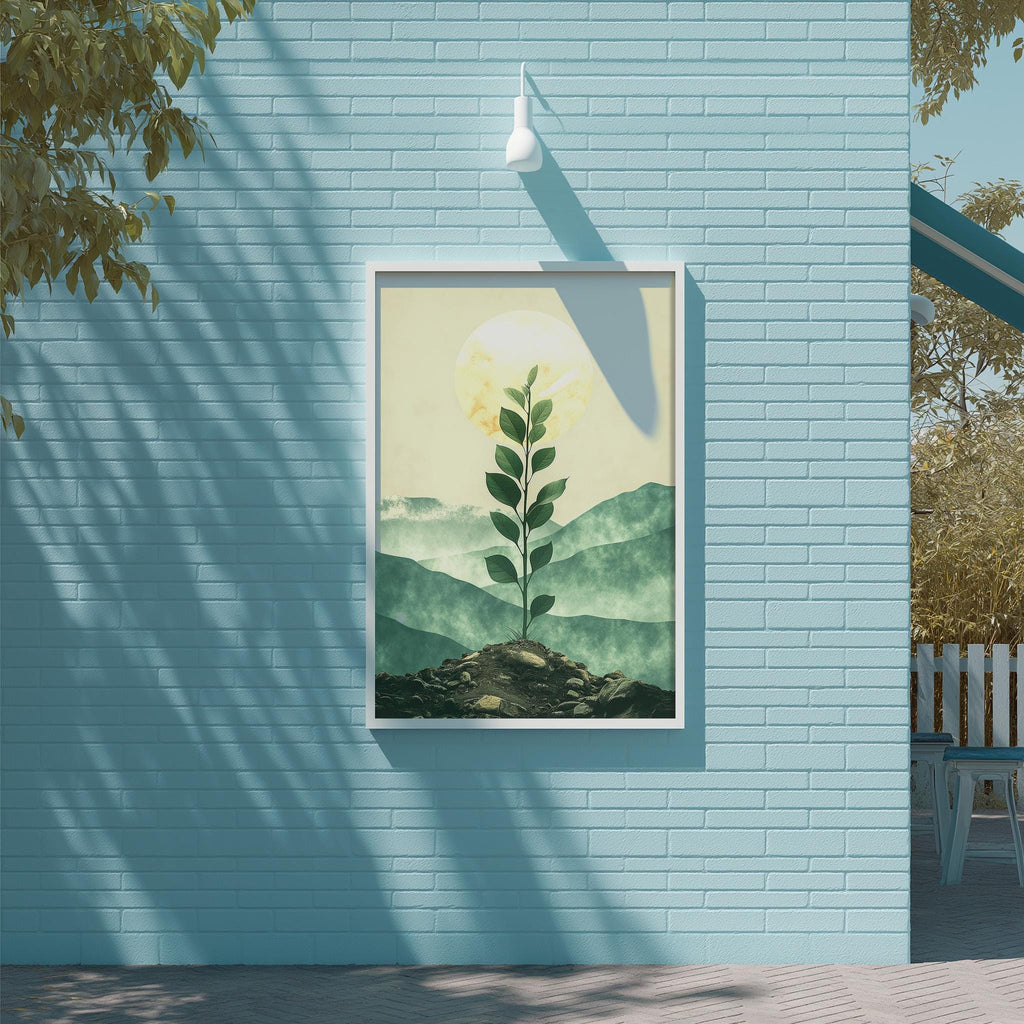 a blue brick wall with a framed painting of a plant with green leaves and a yellow flower, hanging on it.