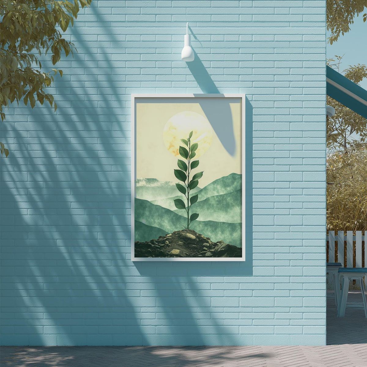 a blue brick wall with a framed painting of a plant with green leaves and a yellow flower, hanging on it.