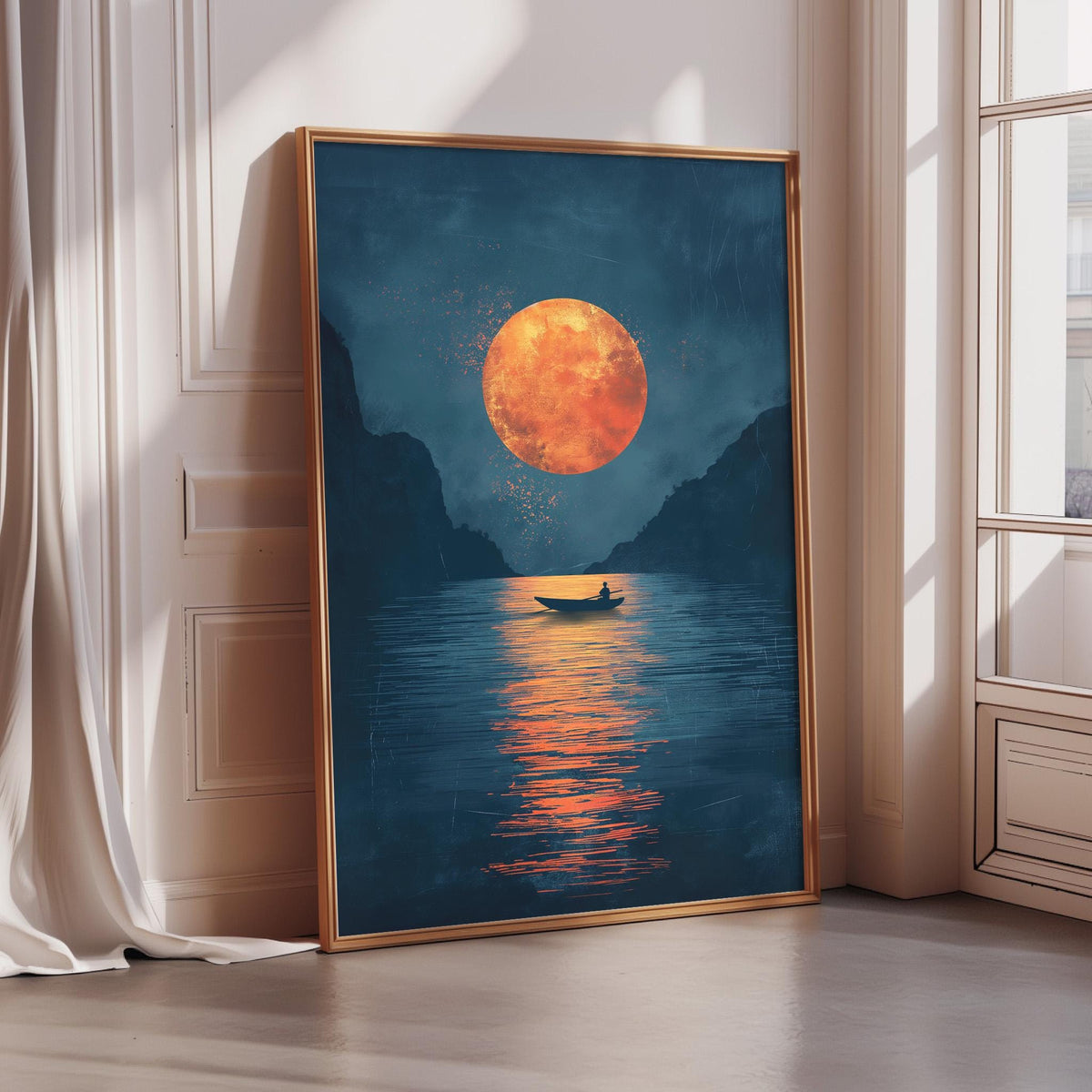 a large framed painting depicting a serene scene of a boat floating on a lake at night, with a large orange moon in the sky.