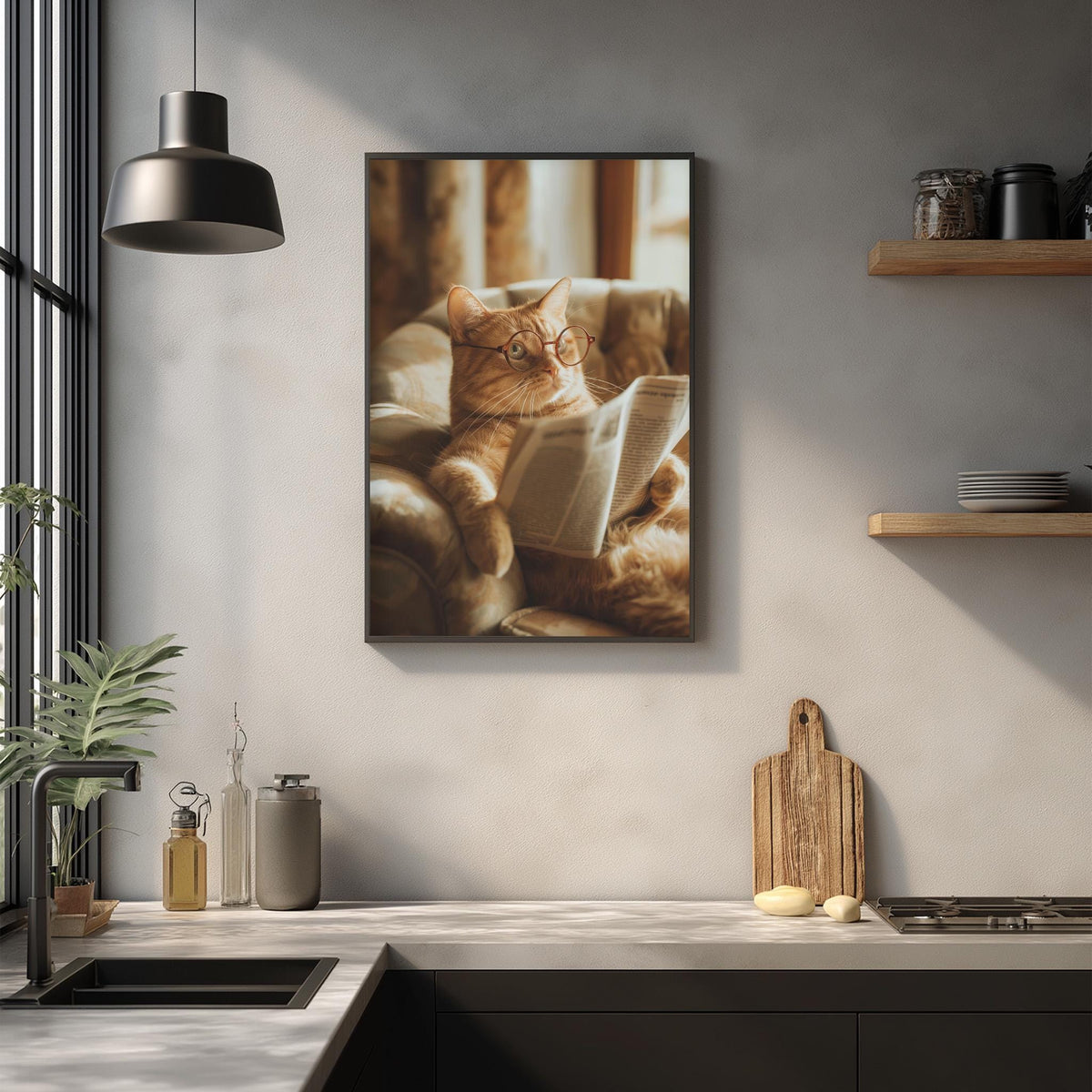 A framed photograph of a cat sitting on a chair and reading a newspaper is displayed on the wall in a modern kitchen.