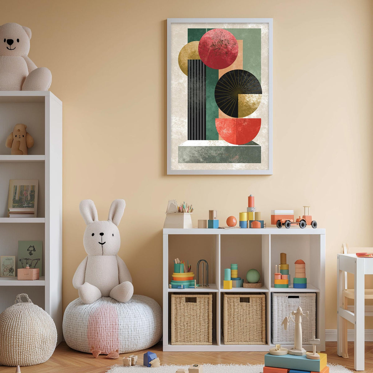 A cozy and colorful children's bedroom with a large abstract painting on the wall, a white bookshelf filled with toys, and a plush rabbit sitting on a bean bag chair.