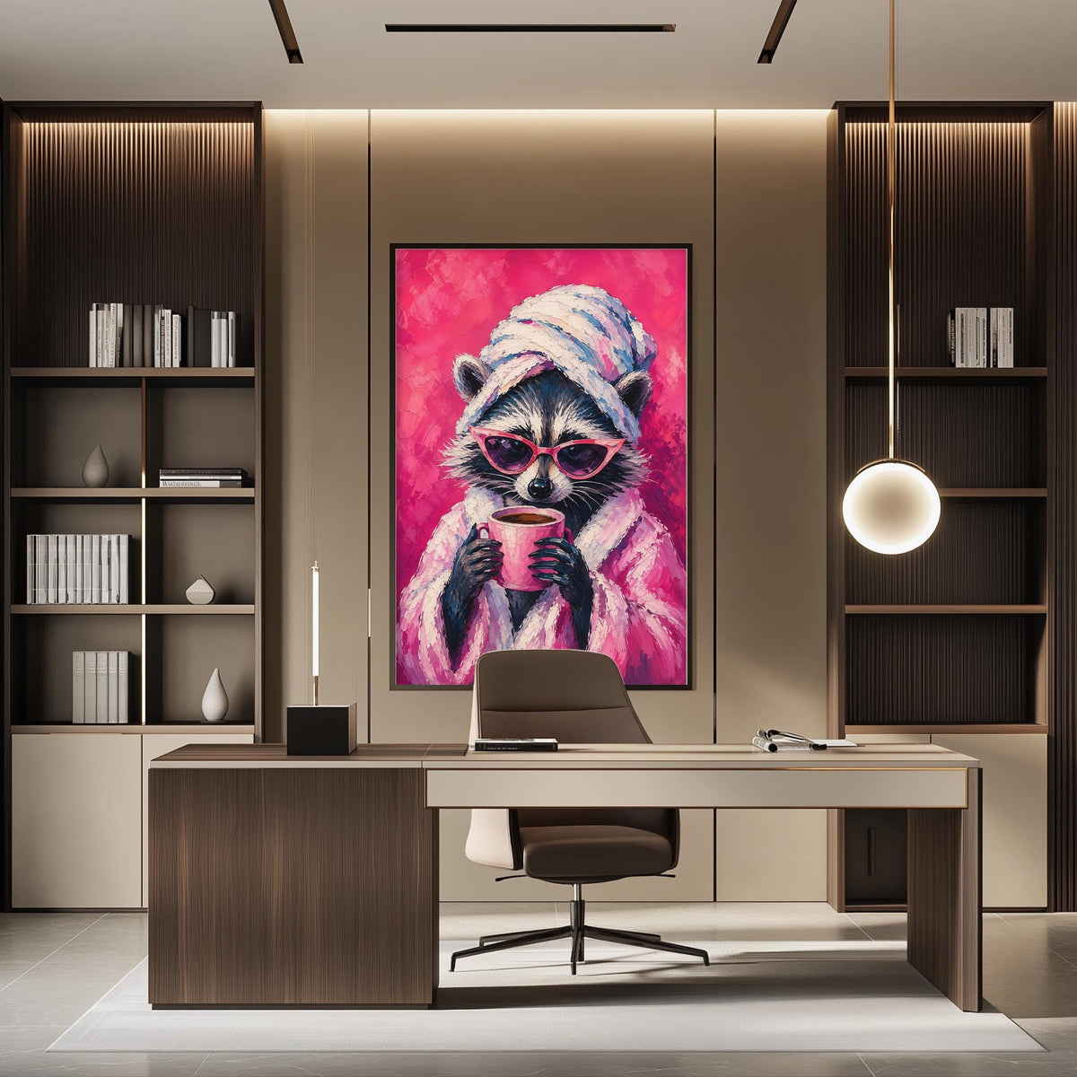 a modern office space with a large framed painting of a raccoon wearing a pink robe and sunglasses as the focal point. The office has a wooden desk, a chair, and a bookshelf filled with books and decorative items.