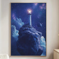 a large, framed painting of a lighthouse on a rocky cliff, set against a starry night sky. The painting is hanging on a wall in a living room, with a white couch and a wooden side table nearby.