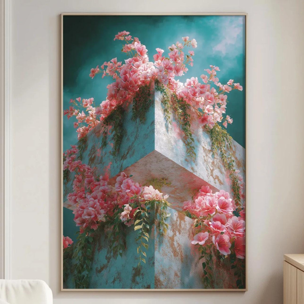 a large framed painting of a building with pink flowers on its facade, hanging on a wall in a living room setting.