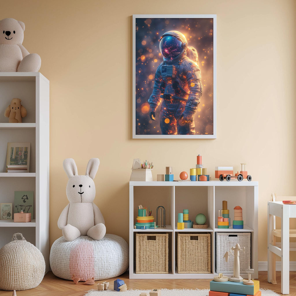 a child's bedroom with a white bookshelf, a stuffed rabbit, a toy astronaut, and a colorful toy set. The walls are painted a light peach color, and there is a framed artwork of an astronaut on the wall.