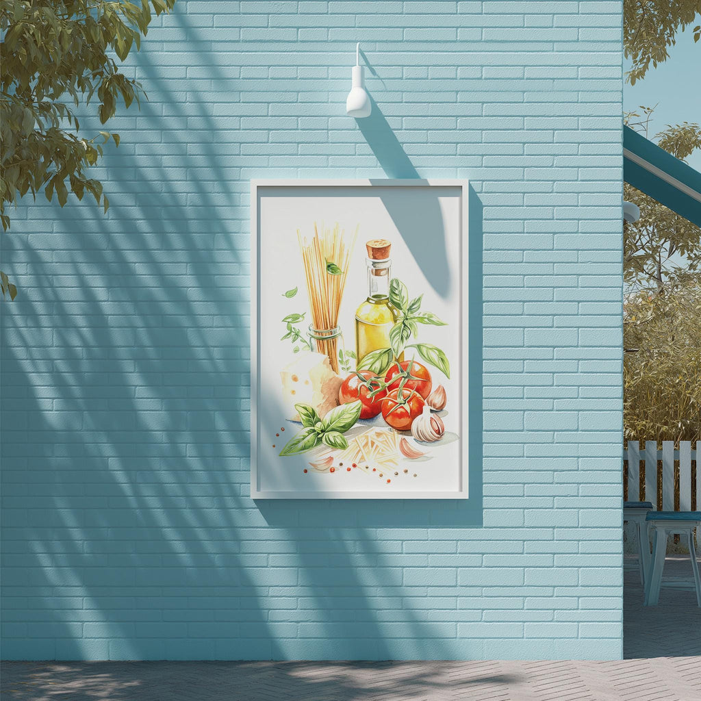 a framed painting of various food items, including spaghetti, tomatoes, basil, and garlic, displayed on a blue brick wall.