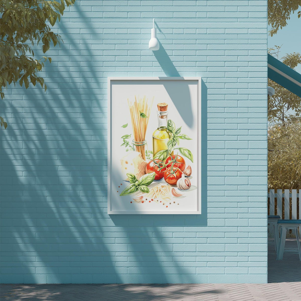 a framed painting of various food items, including spaghetti, tomatoes, basil, and garlic, displayed on a blue brick wall.