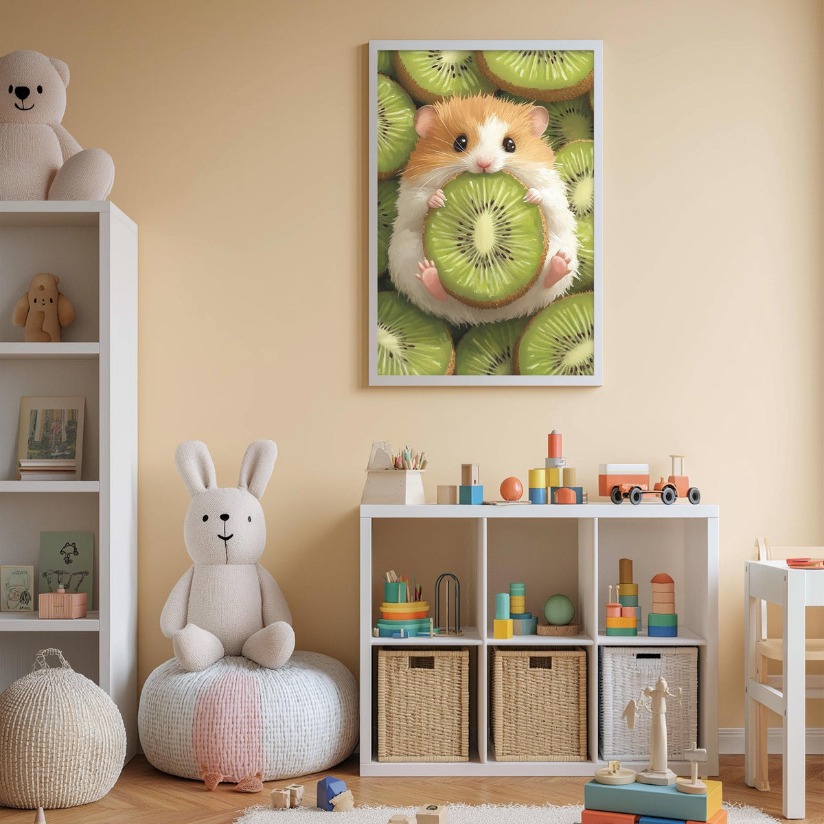 A child's bedroom with a stuffed rabbit, a hamster, and a toy train set. The walls are painted a light peach color, and there is a framed image of a hamster holding a slice of kiwi fruit hanging on the wall.