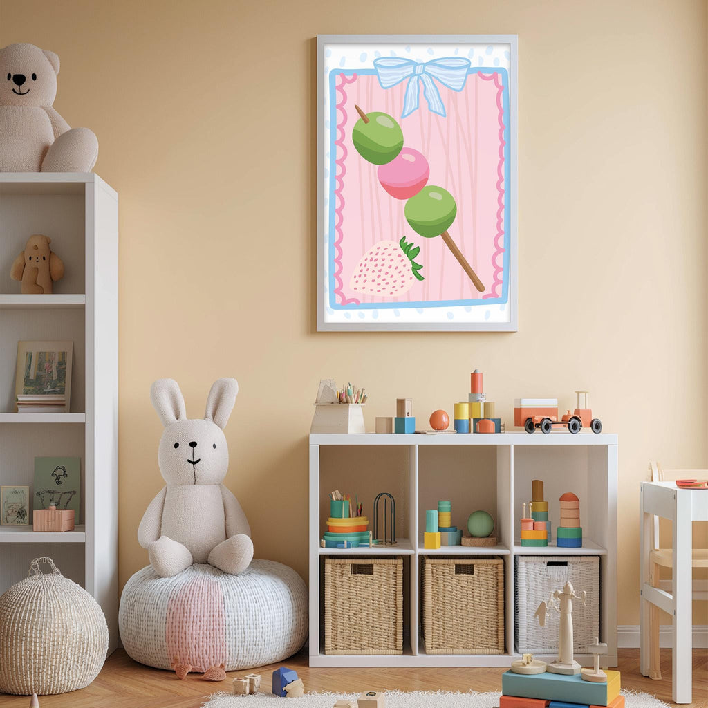 A cozy and colorful children's bedroom with a large stuffed bunny, shelves filled with toys, and a framed picture of a toy on a stick hanging on the wall.