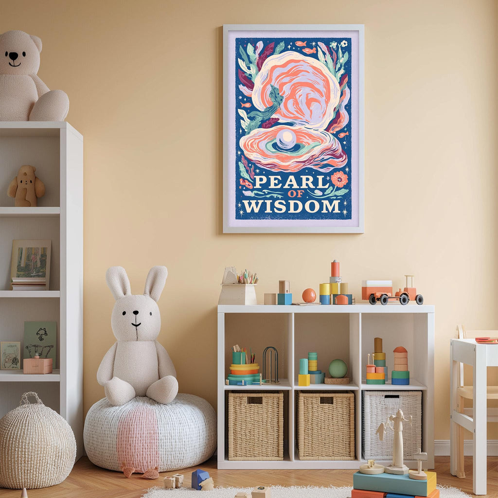A child's bedroom with a large poster of a pearl on the wall, a stuffed rabbit, a toy train, and a toy castle. The room also has a bookshelf, storage bins, and a toy chest.