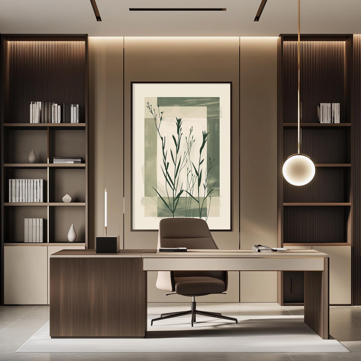a modern and minimalist office space with a large wooden desk, a comfortable-looking chair, and a framed artwork featuring a plant on the wall.