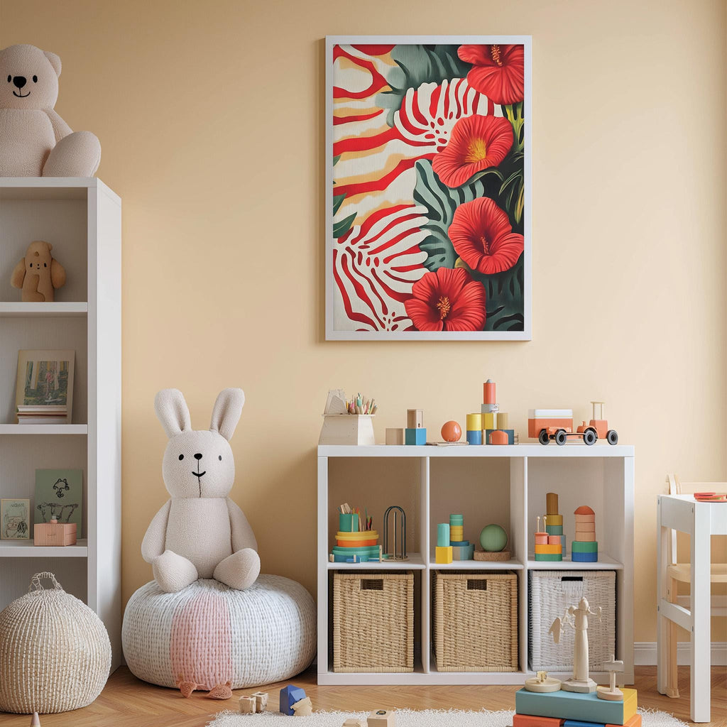 A cozy and colorful children's bedroom with a large stuffed rabbit, a bookshelf, and a toy chest filled with toys. The walls are painted a light peach color, and a framed print of red and green flowers hangs above the bookshelf.