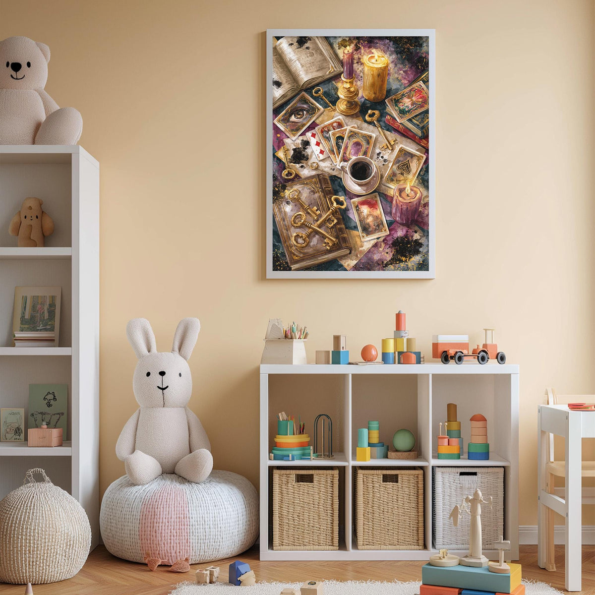 A cozy and colorful children's bedroom with a large stuffed rabbit, shelves filled with toys, and a framed artwork depicting a whimsical scene.