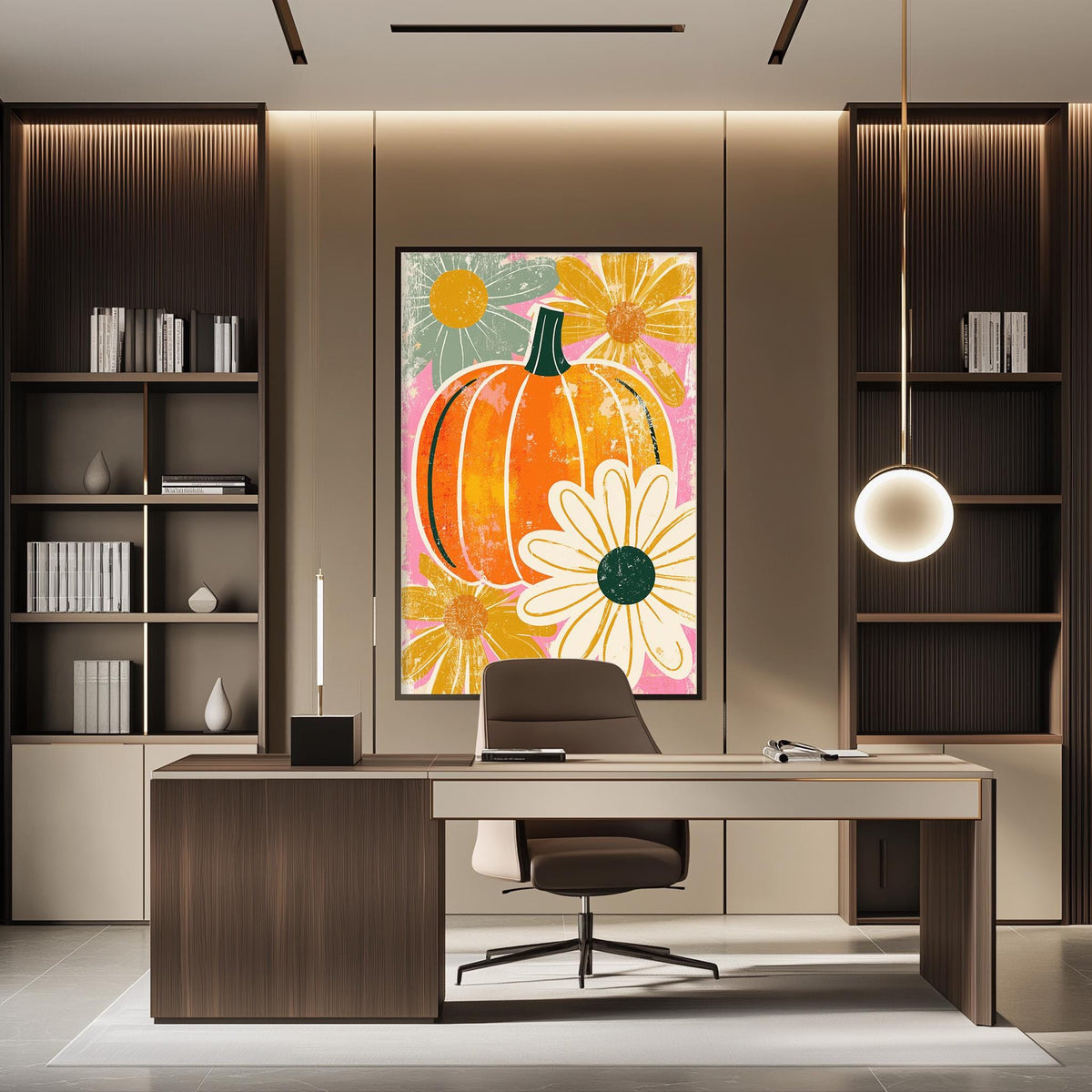 a modern office space with a large, colorful painting of a pumpkin and flowers hanging on the wall. The office features a wooden desk, a chair, and a bookshelf filled with books.
