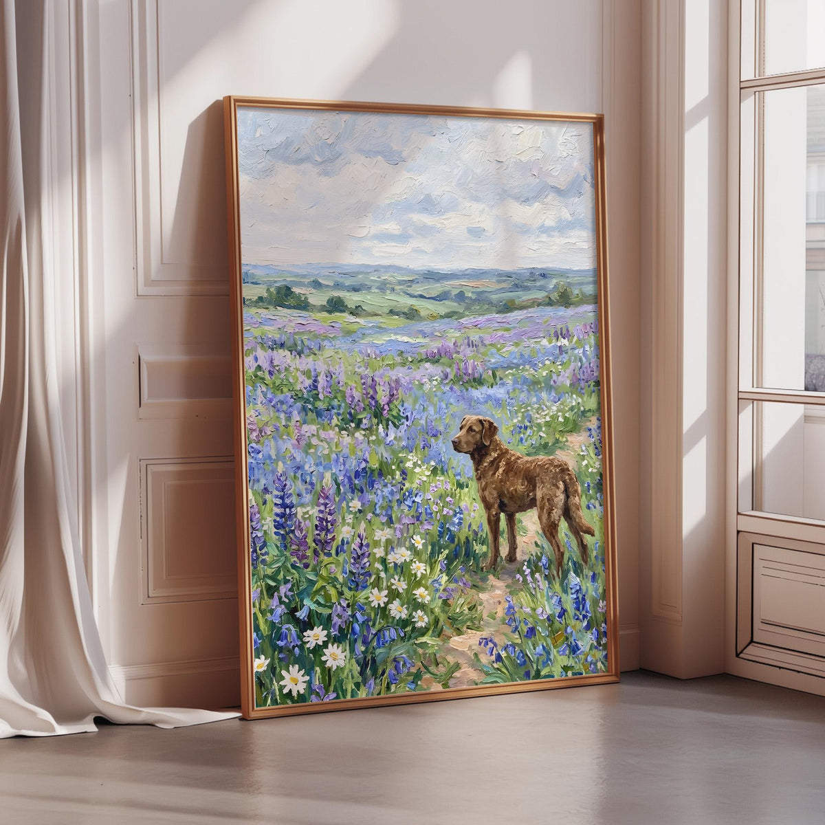 A large painting of a dog standing in a field of purple flowers, with a cloudy sky in the background.