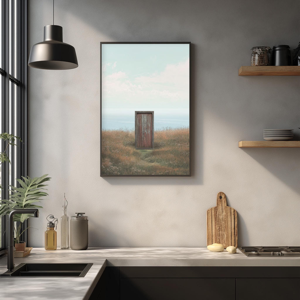 a kitchen counter with various kitchen items, including a cutting board, a soap dispenser, and a plant. Above the counter, there is a framed picture of a door in a field, creating a serene and natural atmosphere in the kitchen.