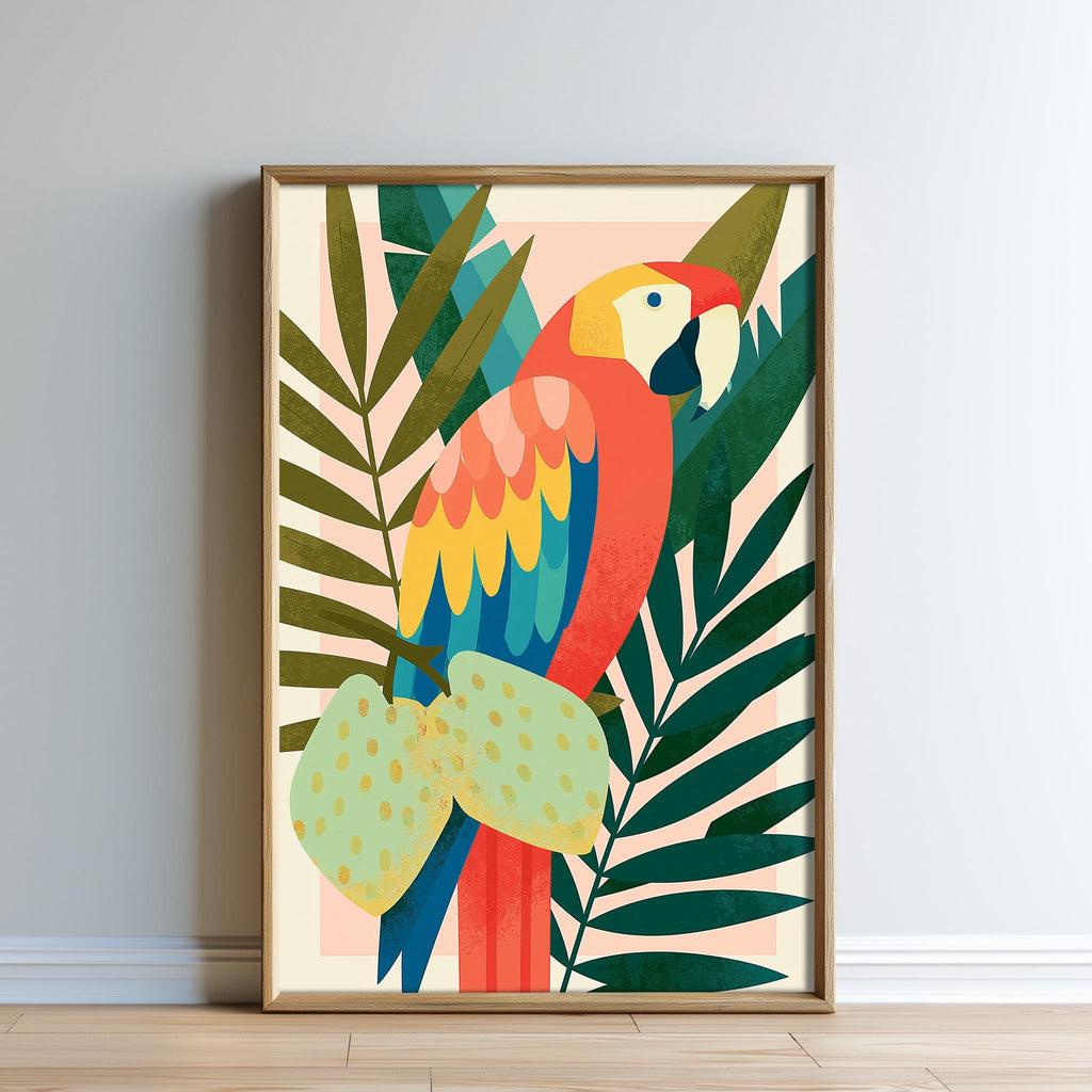 A framed illustration of a colorful parrot perched on a branch with green leaves.