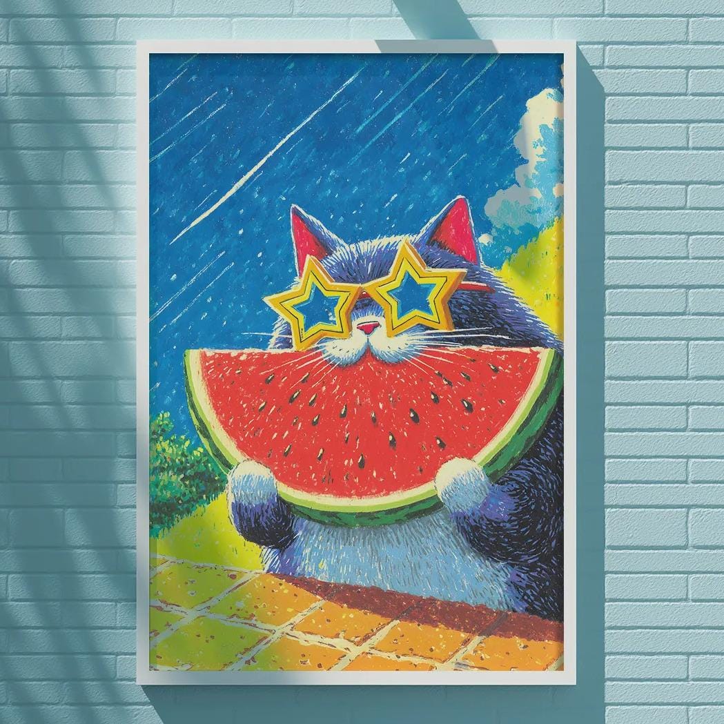 A colorful painting of a cat holding a slice of watermelon is displayed on a blue wall.