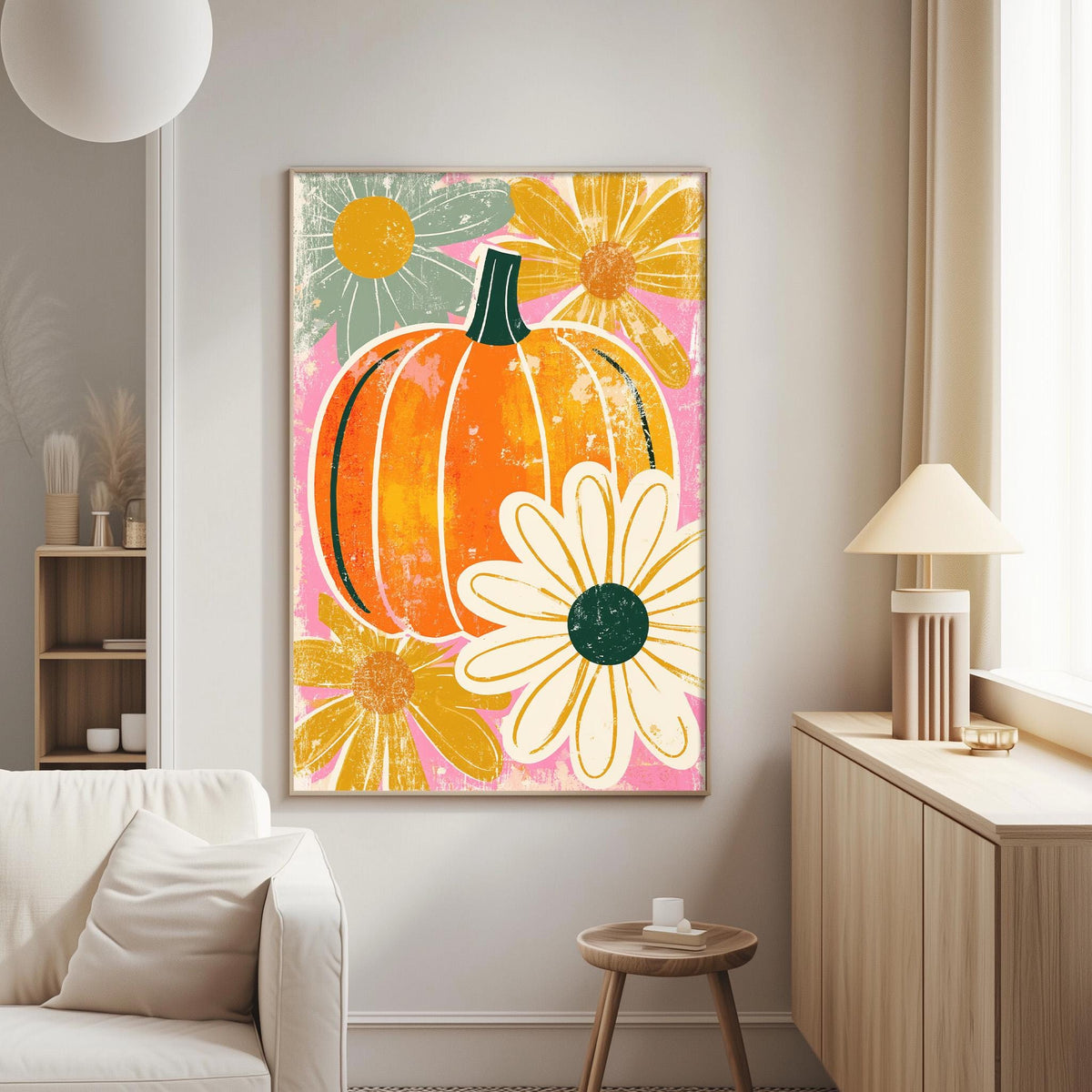 a living room with a large, colorful painting of a pumpkin and flowers hanging on the wall. The painting is vibrant and eye-catching, adding a festive touch to the room.