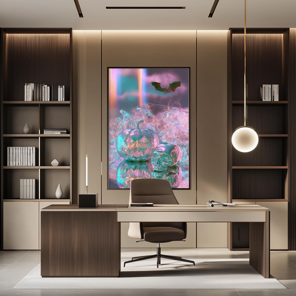 a modern office space with a large, colorful painting of pumpkins and bats hanging on the wall. The office has a wooden desk, a chair, and a bookshelf filled with books. The overall design and decor create a stylish and contemporary atmosphere.