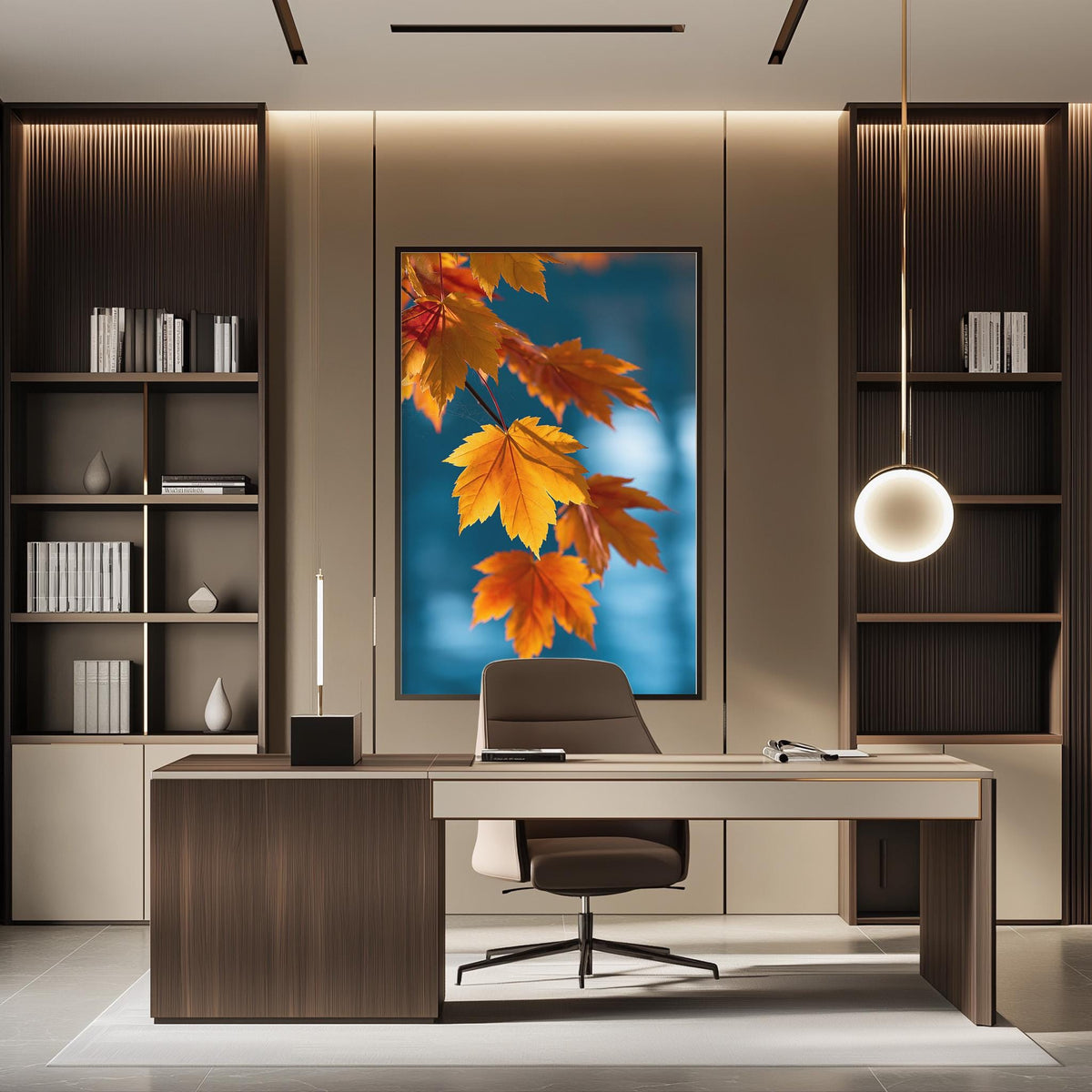a modern office space with a large framed picture of autumn leaves on the wall, creating a warm and natural atmosphere.