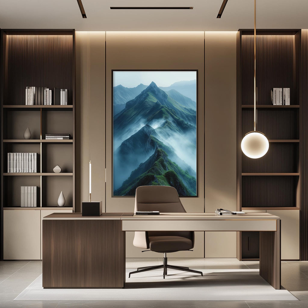 a modern and minimalist office space with a large framed landscape painting of a mountain range hanging on the wall. The painting features a misty mountain range, creating a serene and tranquil atmosphere. The office is equipped with a desk, chair, and shelving units, providing a functional and organized workspace.