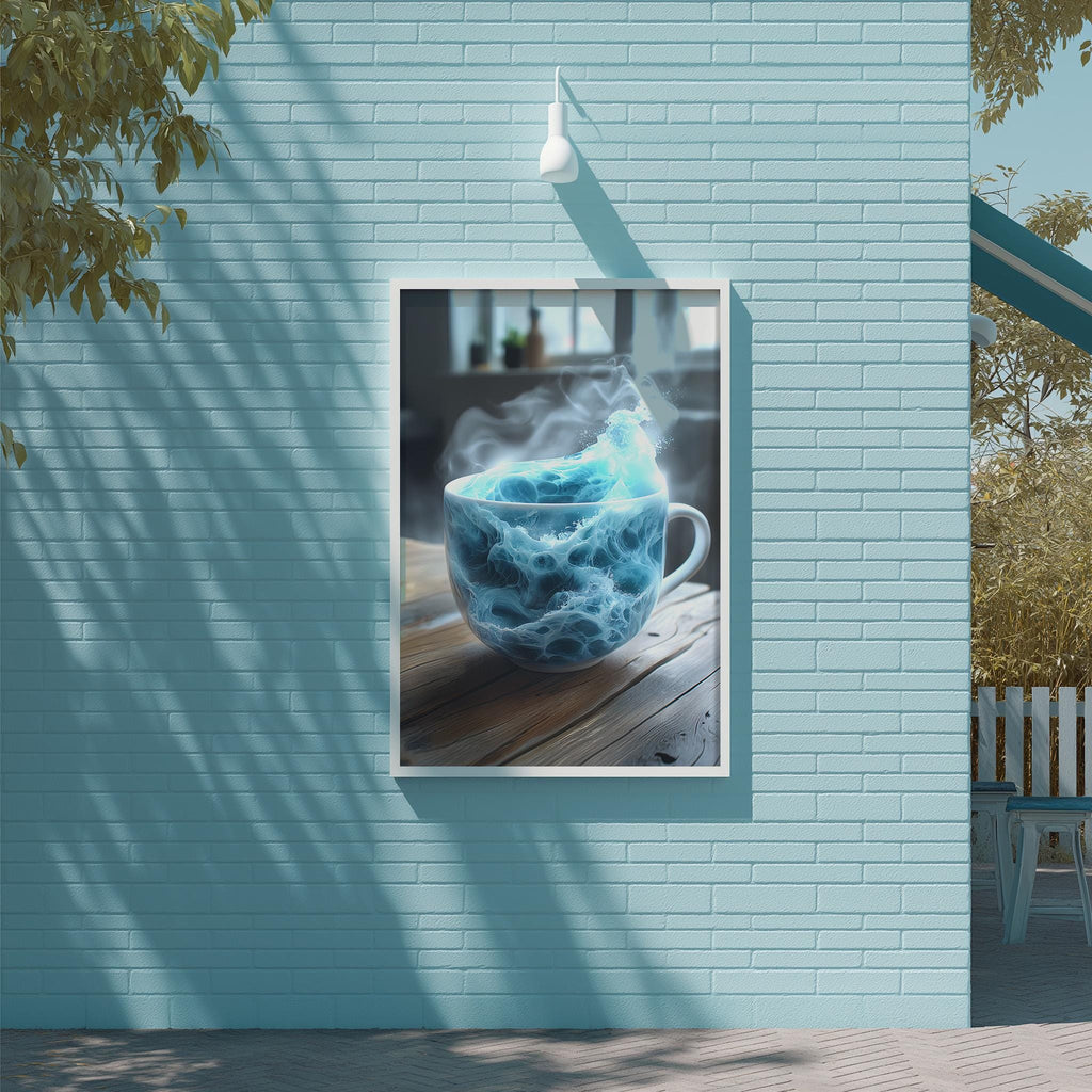 A framed image of a blue mug with steam rising from it, hanging on a light blue wall.