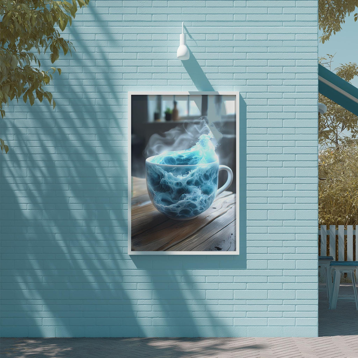 A framed image of a blue mug with steam rising from it, hanging on a light blue wall.