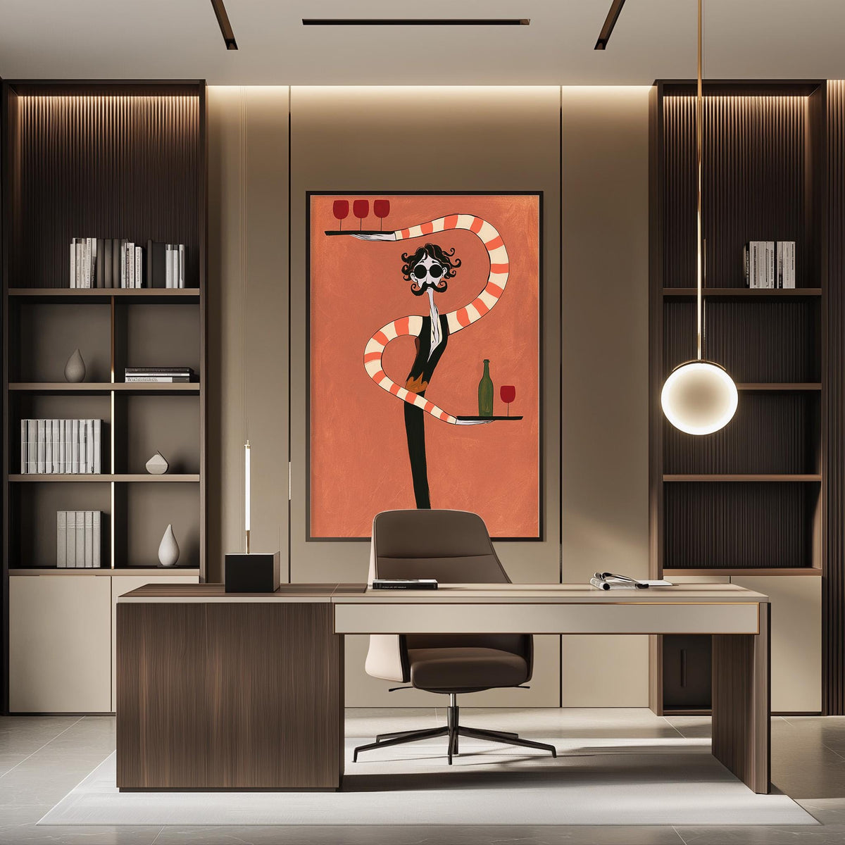 a modern and stylish office space with a large abstract painting on the wall, a wooden desk with a chair, and built-in bookshelves.