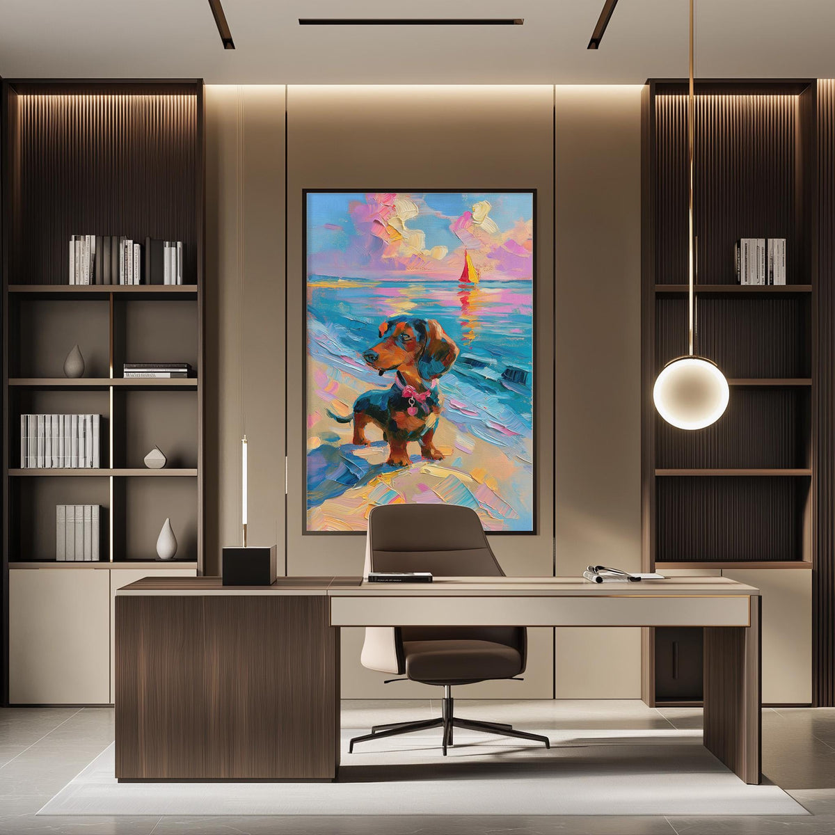 a modern office space with a large painting of a dog on the wall, a wooden desk with a chair, and a bookshelf filled with books.