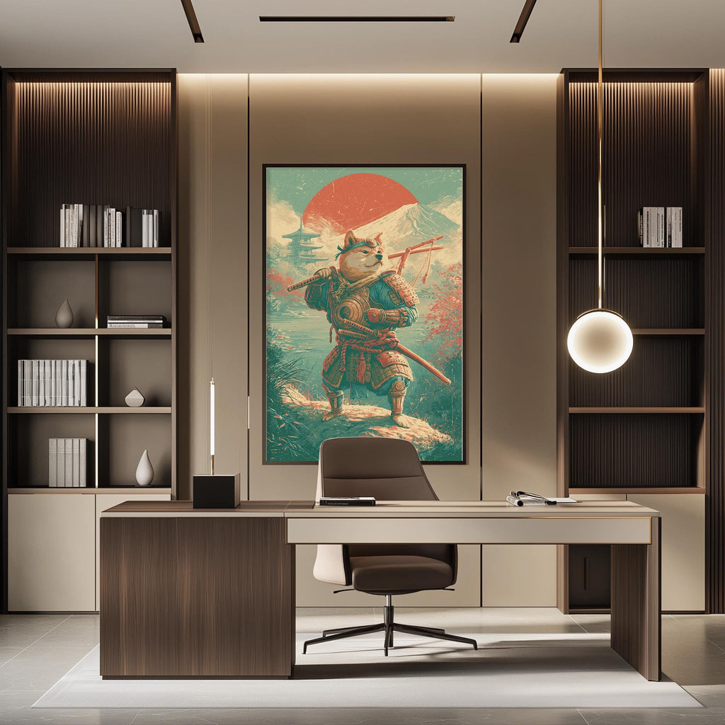 a modern office space with a large, colorful painting of a warrior-like creature on the wall. The office has a wooden desk, a chair, and a bookshelf filled with books. The overall design and decor create a professional and creative atmosphere.