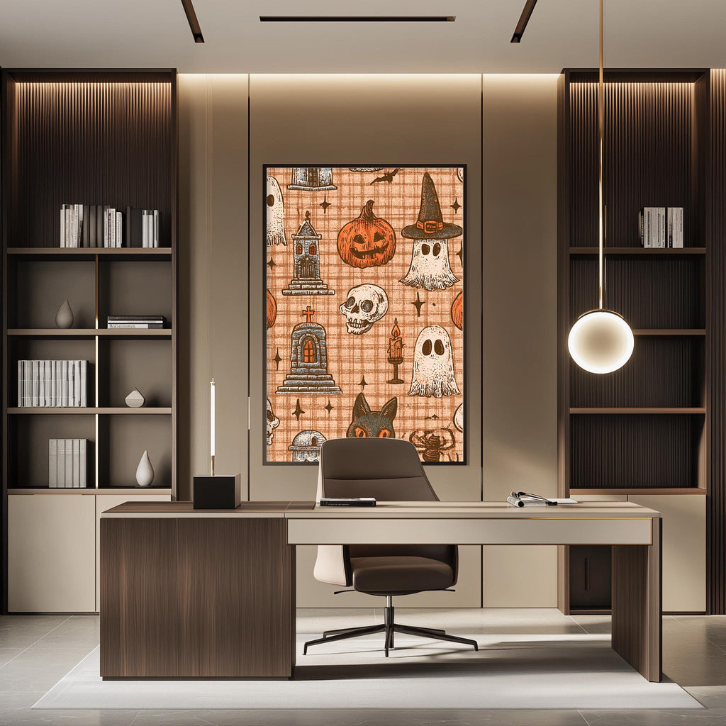 a modern office space with a large, colorful Halloween-themed poster on the wall. The office features a desk with a chair, bookshelves, and a lamp, creating a professional and stylish atmosphere.