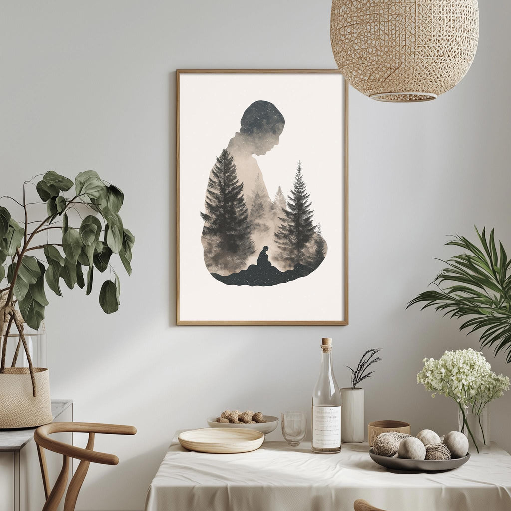 a minimalist dining room with a framed print of a silhouette of a person in a forest setting hanging on the wall above a table with various decorative items and plants.