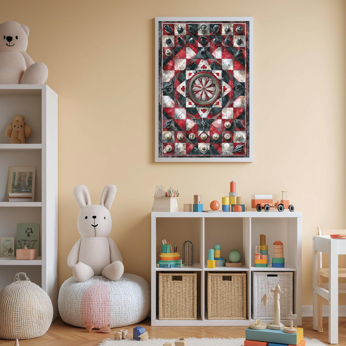 A cozy and colorful children's bedroom with a large quilt hanging on the wall, a white bookshelf filled with toys, and a plush rabbit sitting on a bean bag chair.