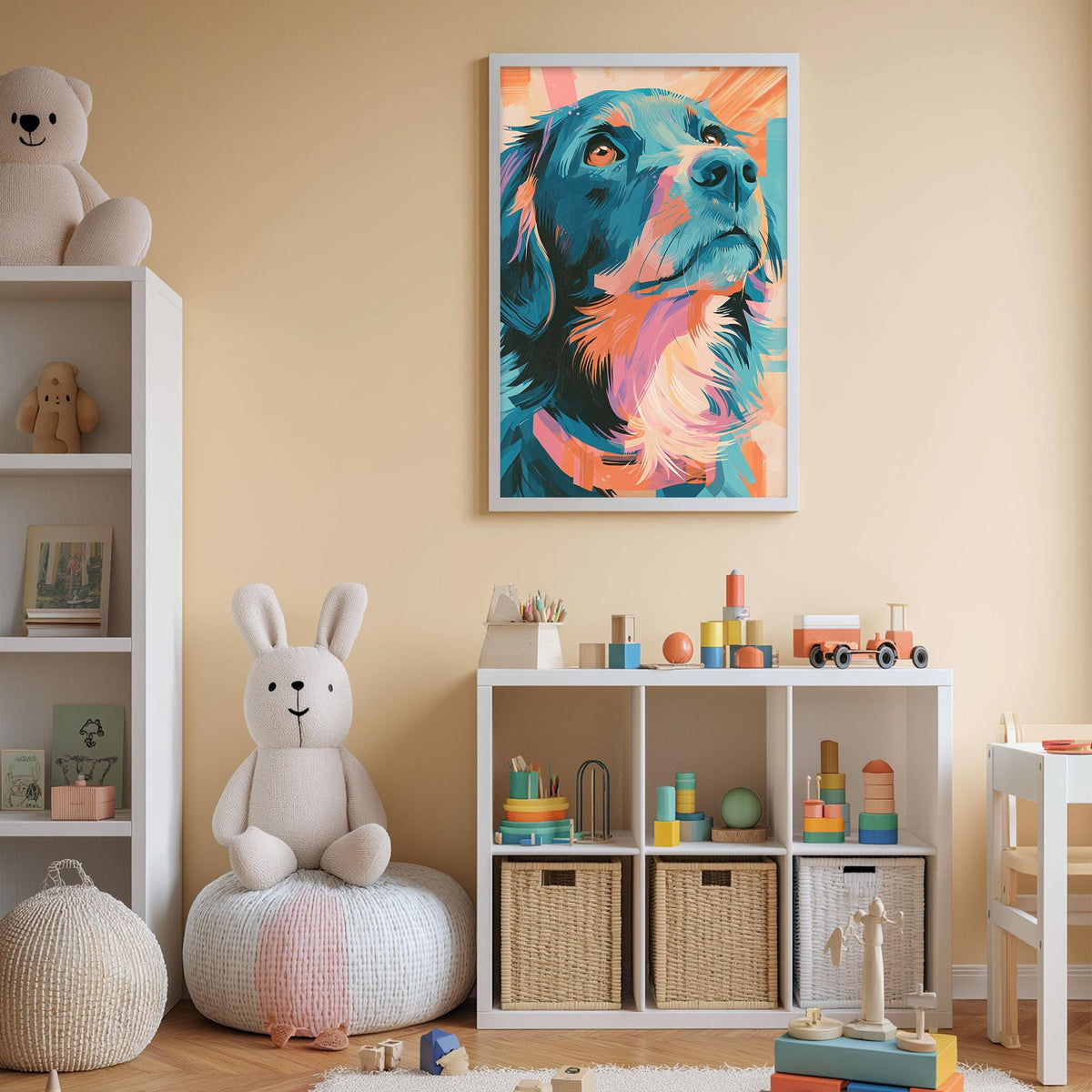 A child's bedroom with a large stuffed rabbit, a colorful painting of a dog's face, and a toy shelf filled with various toys.