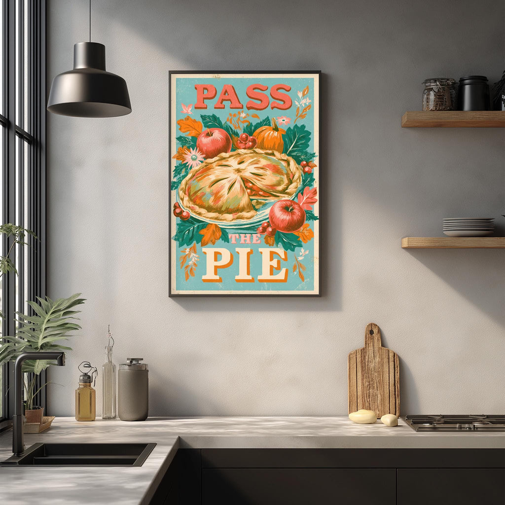 a kitchen counter with a framed poster of a pie hanging on the wall above it.