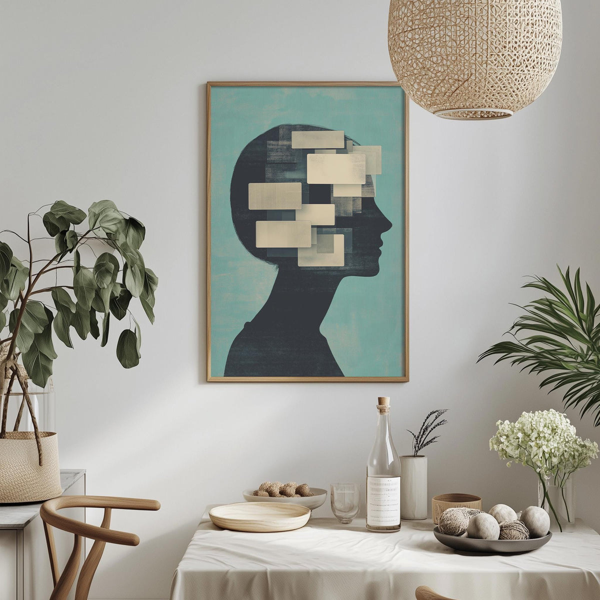 a dining table with a white tablecloth, a bowl of fruit, a bottle, and a vase with flowers. Above the table, there is a framed picture of a person's head with a green background and white squares.