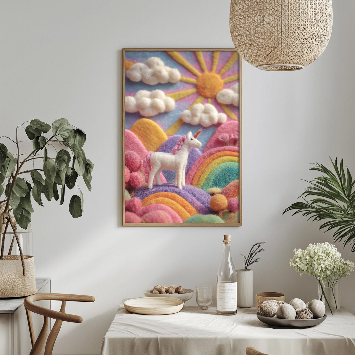 a vibrant and whimsical scene of a unicorn standing on a grassy hill, surrounded by a rainbow and clouds. The unicorn is the central focus of the image, with a colorful and detailed landscape in the background. The scene is framed and hung on a wall, creating a visually appealing and imaginative display.