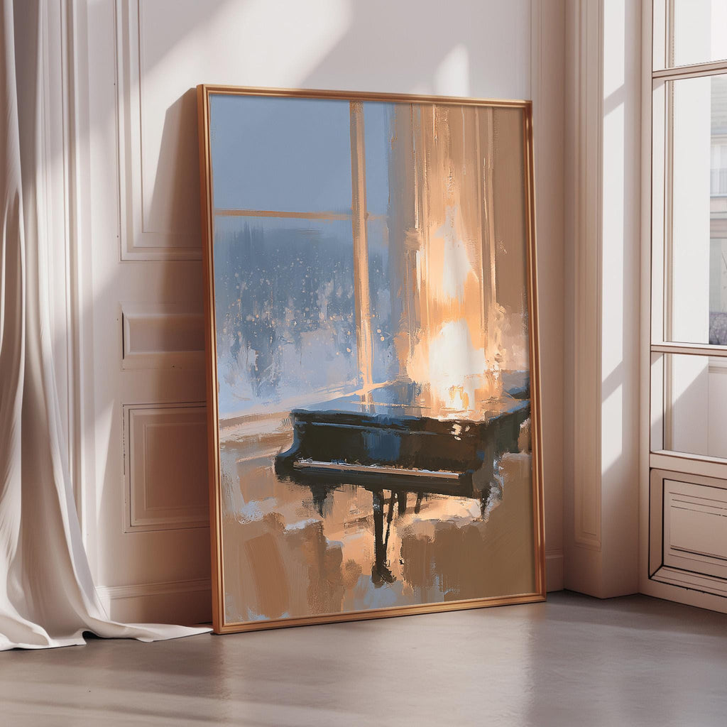 a large, framed painting of a grand piano in a room with a window and curtains.