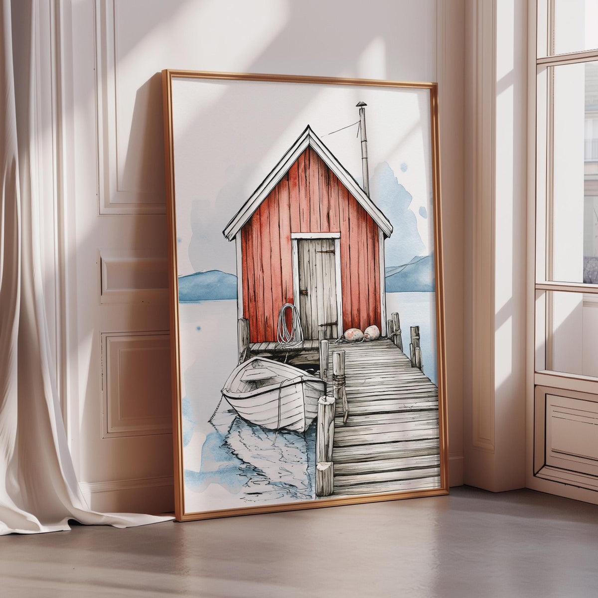 A framed painting depicting a red wooden cabin with a boat docked at a wooden pier, set against a serene background of water and mountains.