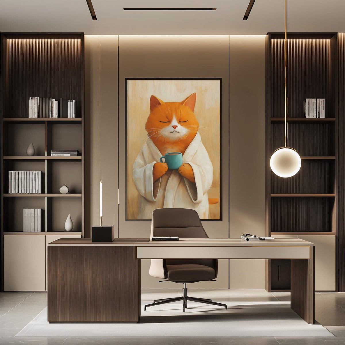 a modern office space with a large painting of an orange cat wearing a white robe and holding a cup of coffee, positioned above a desk with a chair.