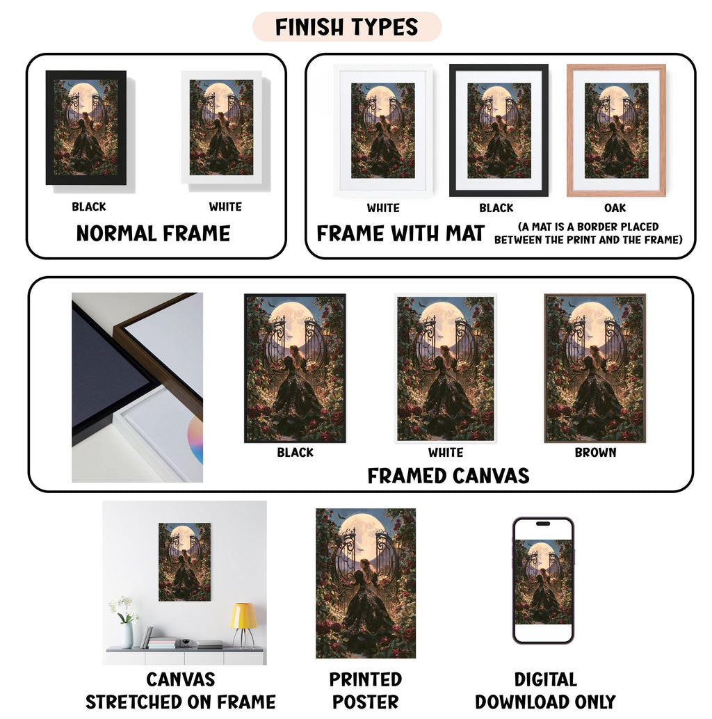 various types of artwork, including framed prints, canvas prints, and digital prints, each with different finishes and frame types.