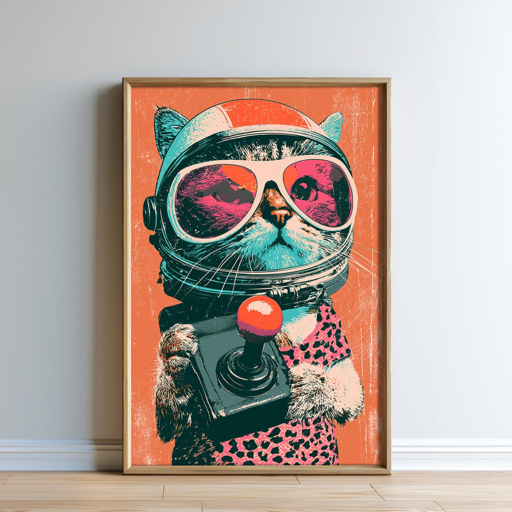 A framed illustration of a cat wearing a helmet and sunglasses, holding a joystick.