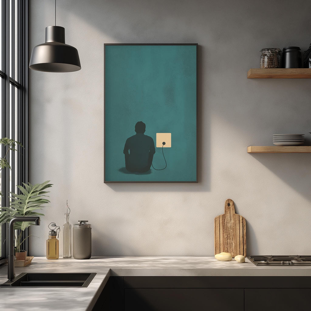 a minimalist kitchen design with a framed artwork of a person sitting on a stool, holding a light source, and a wooden cutting board on the countertop.