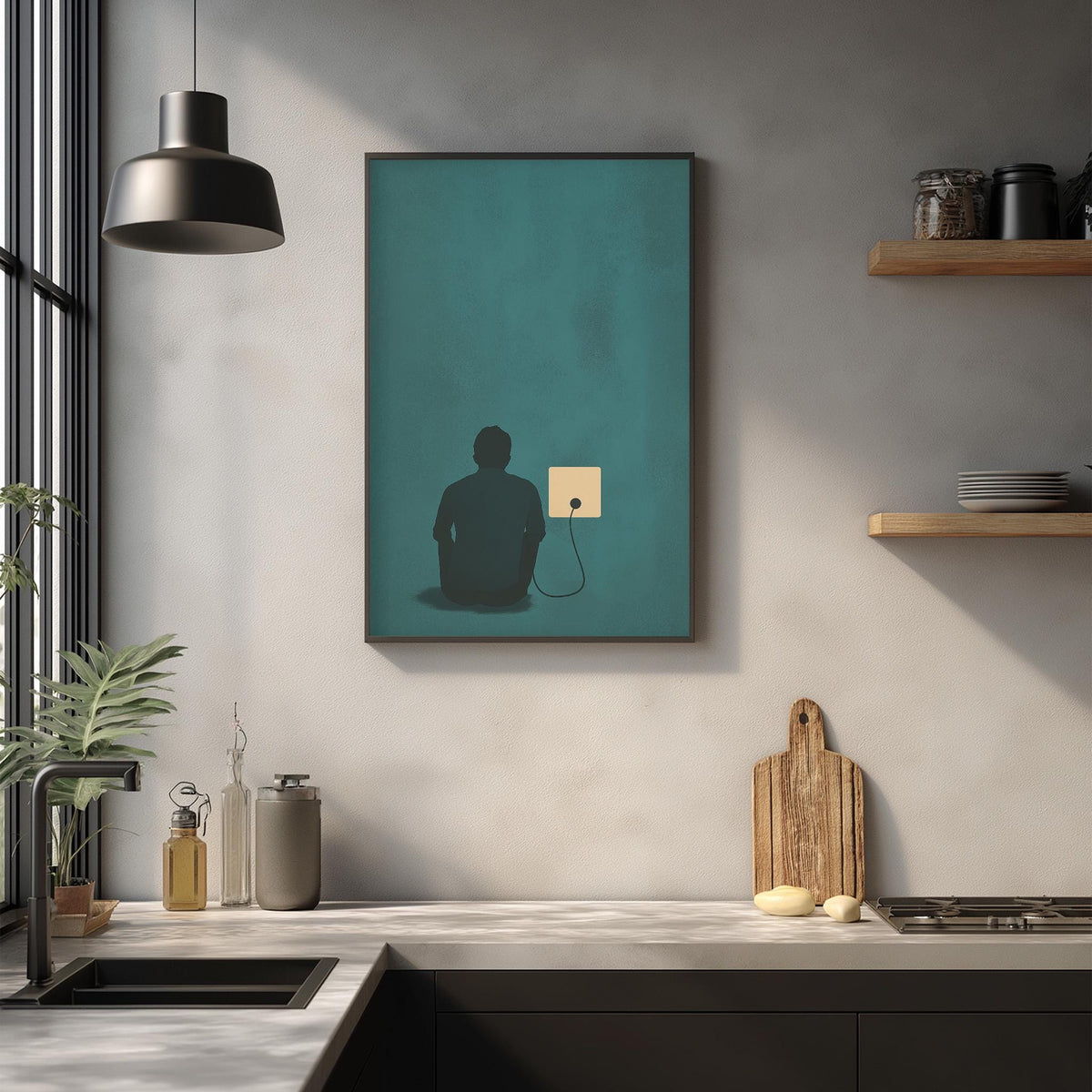 a minimalist kitchen design with a framed artwork of a person sitting on a stool, holding a light source, and a wooden cutting board on the countertop.