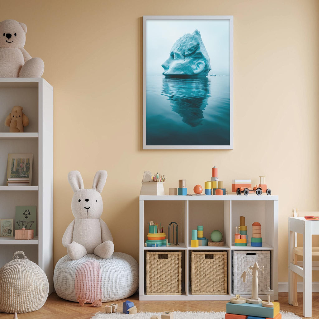 a cozy and colorful children's bedroom with a large stuffed rabbit, a bookshelf filled with toys, and a framed picture of a polar bear in the background.
