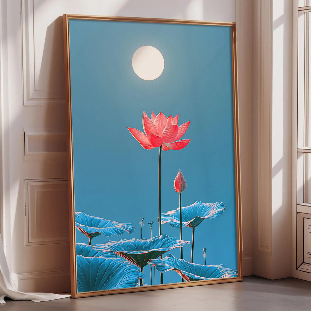 A framed poster depicting a vibrant blue sky with a large white moon and a pink lotus flower in the foreground.